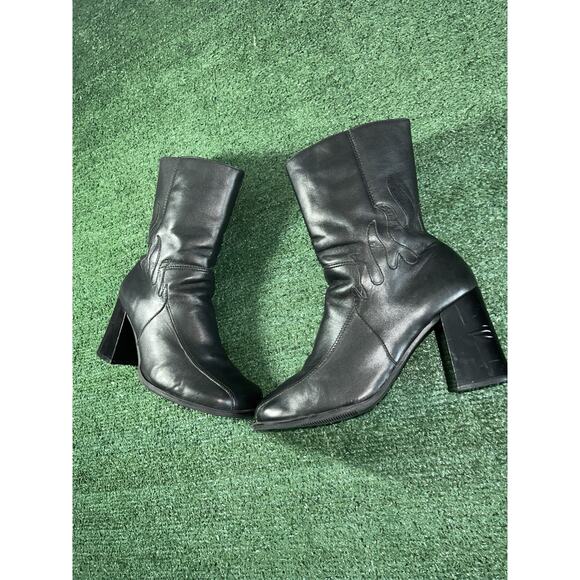 Harley Davidson Size 10 Black Leather Flame Boots Heels Double Zipper - Picture 2 of 11